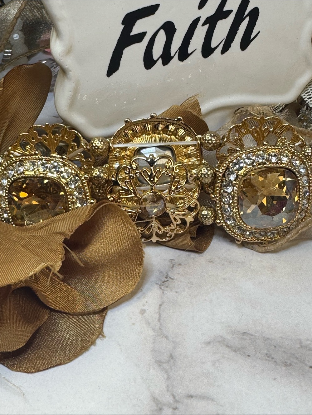 Gold Tone Filigree Statement Bracelet with Amber Gem - Picture 3 of 6